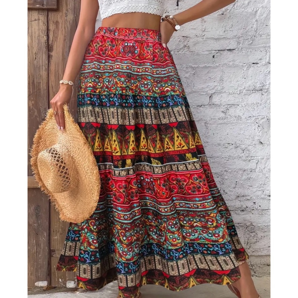 LAST 1! Boho High Elastic Waist Patterned Ruffle Tiered Colorful Maxi Skirt!